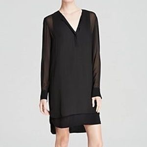 Vince Double Layer Silk Shirtdress 8 Black V-Neck Chiffon Sleeves High Low Hem